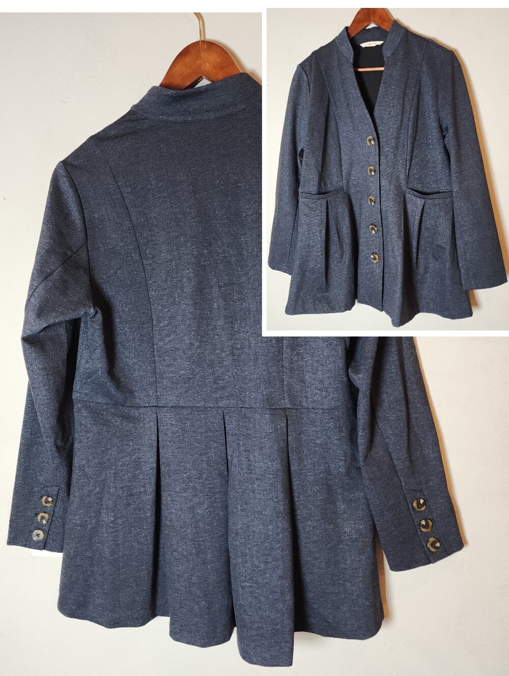 Soft Surroundings Ponte Knit Pleated Blue Button Front Blazer Jacket Size Small